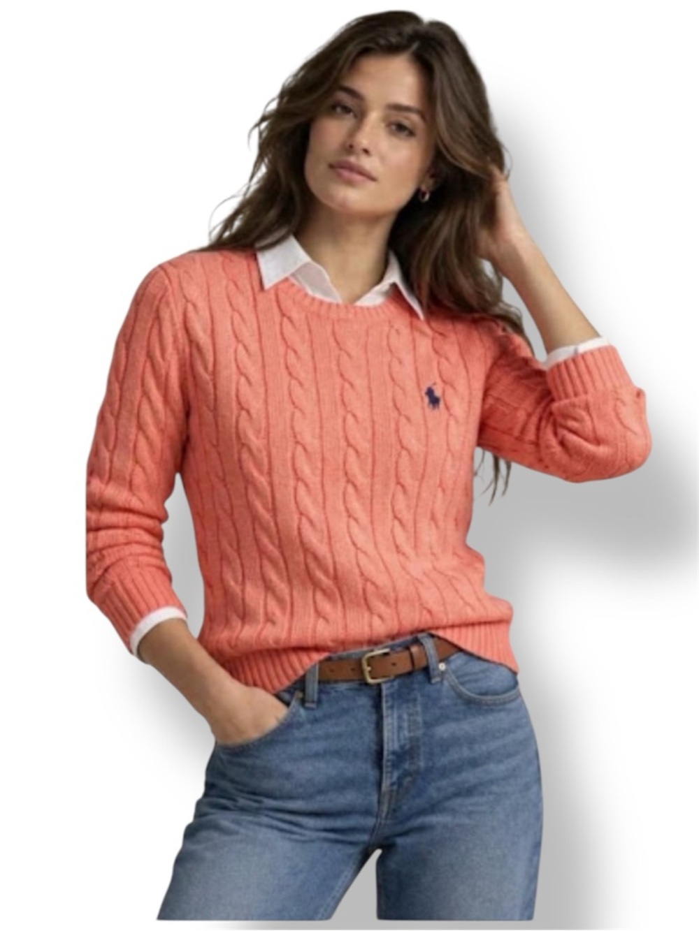 Ralph Lauren Cable Knit Cotton Sweater Coral Pink Size L